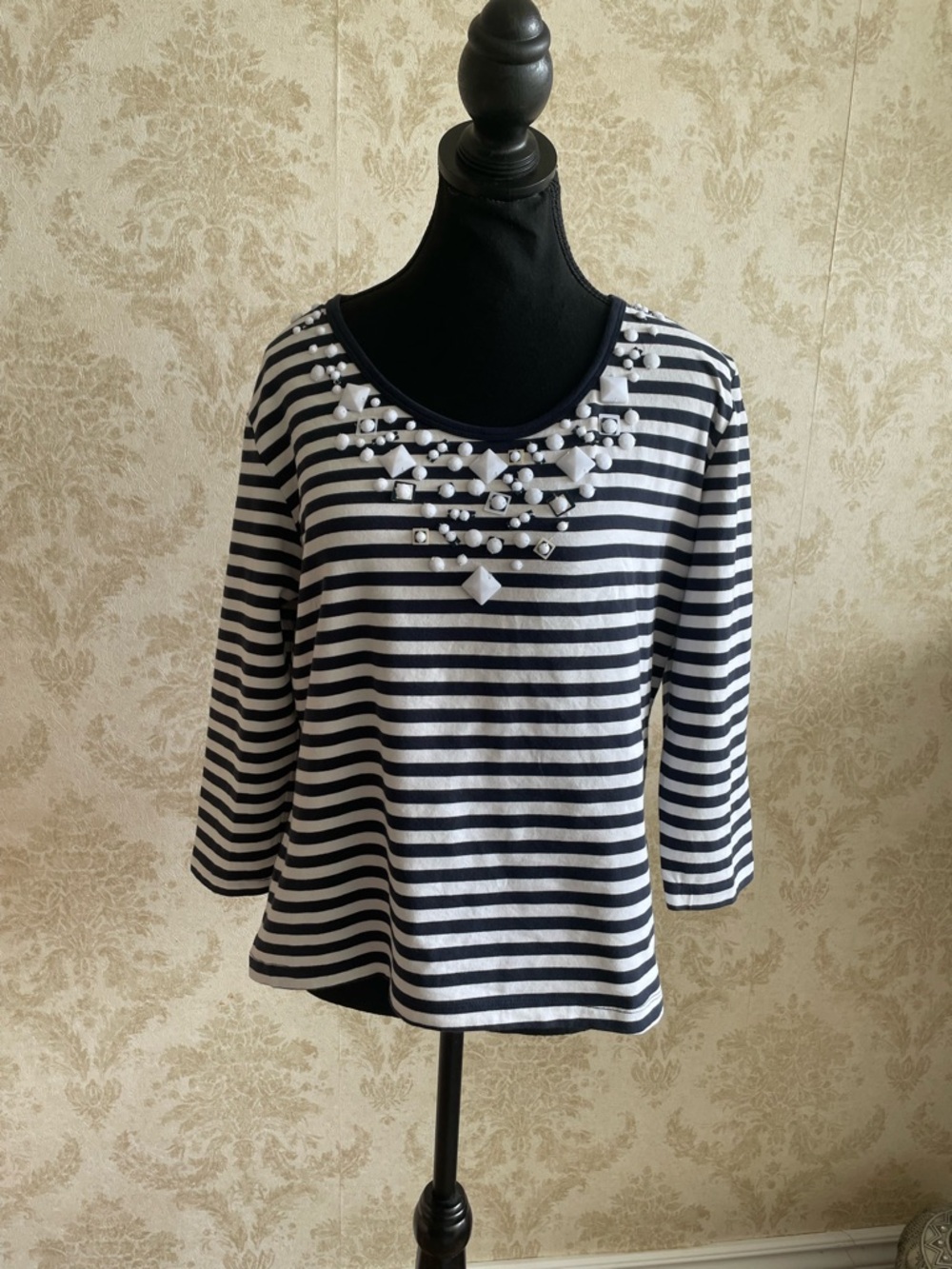 Diane Gilman Navy and White Striped 3/4 Sleeve Top with Front Jewel Accents